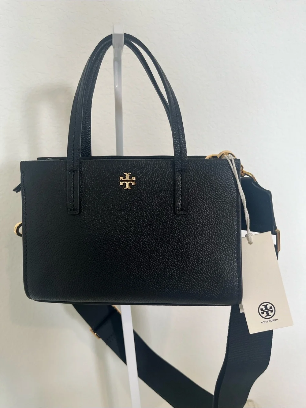 Tory Burch Black Pebbled Leather Mini Satchel with Gold Logo include paper bag